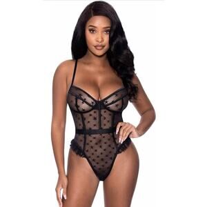 🦋B2G1🦋MAGIC SILK-Exposed Love Star High Leg Ruffle Teddy  BLACK | S/M |